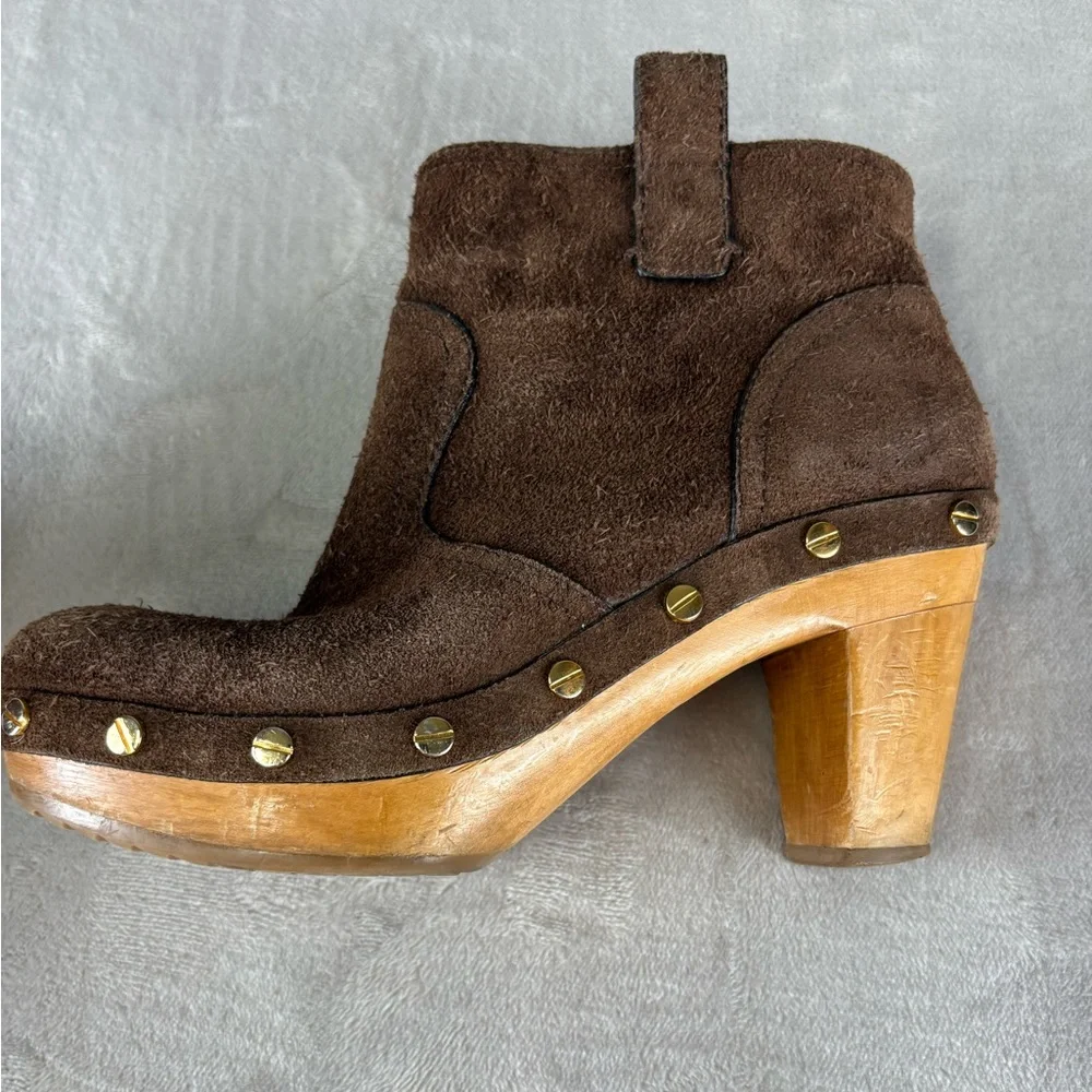 Tory Burch Suede Clog Ankle Boots Brown Wooden Heel Studded‎ Size 6 Women’s